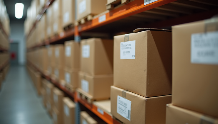 Close-up view of neatly stacked labeled boxes inside a storage unit