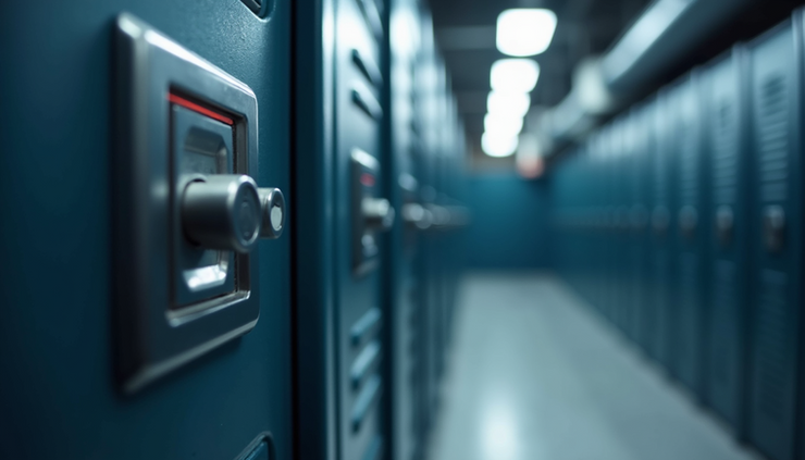 Close-up view of a secure locker door with a digital lock at Avati Safe Storage