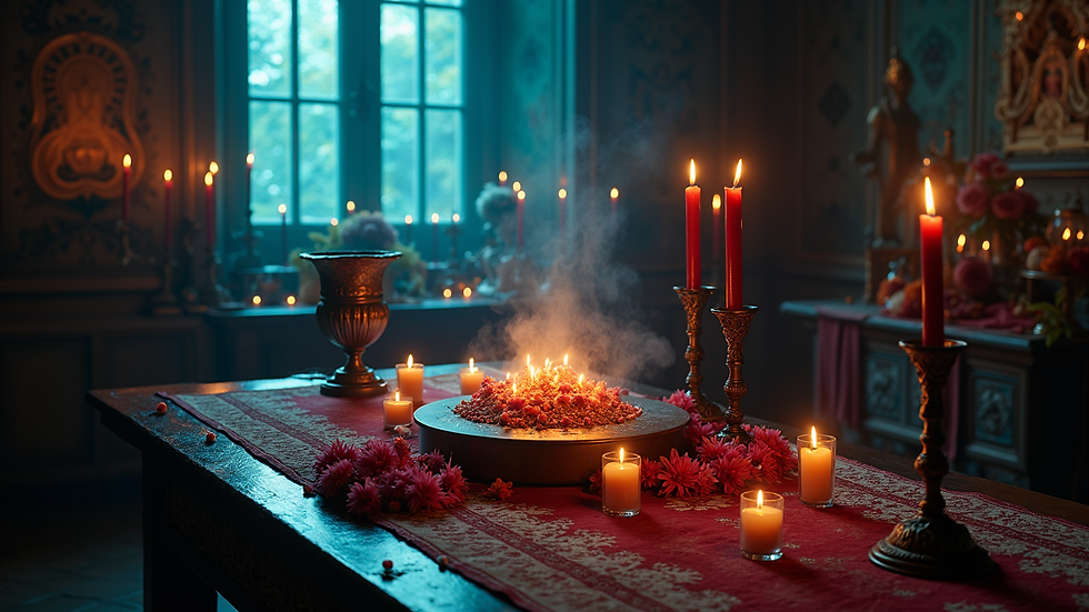 High angle view of a vibrant altar used for black magic removal rituals
