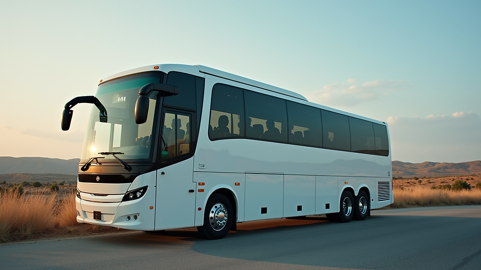 Exterior view of a modern AC bus parked against a scenic backdrop