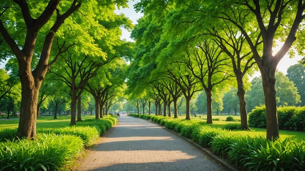 Eye-level view of a lush green park with a well-maintained pathway