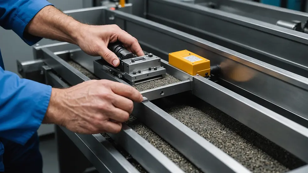 Close-up view of a technician inspecting a vibratory linear feeder