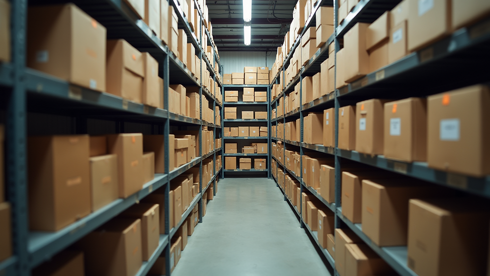 Eye-level view of a well-organized storage unit filled with boxes