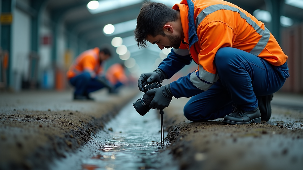 Close-up view of a technician inspecting a drainage system using camera technology