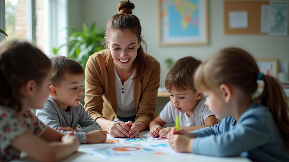 Eye-level view of an educator guiding children through an interactive learning activity