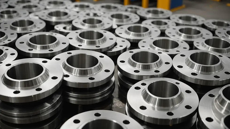 Close-up view of stainless steel flanges lined up in a manufacturing facility