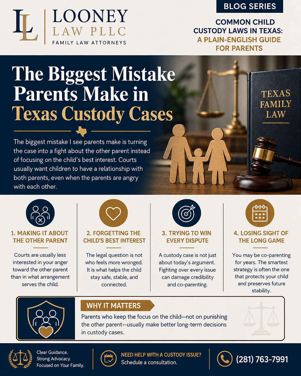 An infographic outlining the content of the blog post about the biggest mistakes parents make in Texas child custody cases.