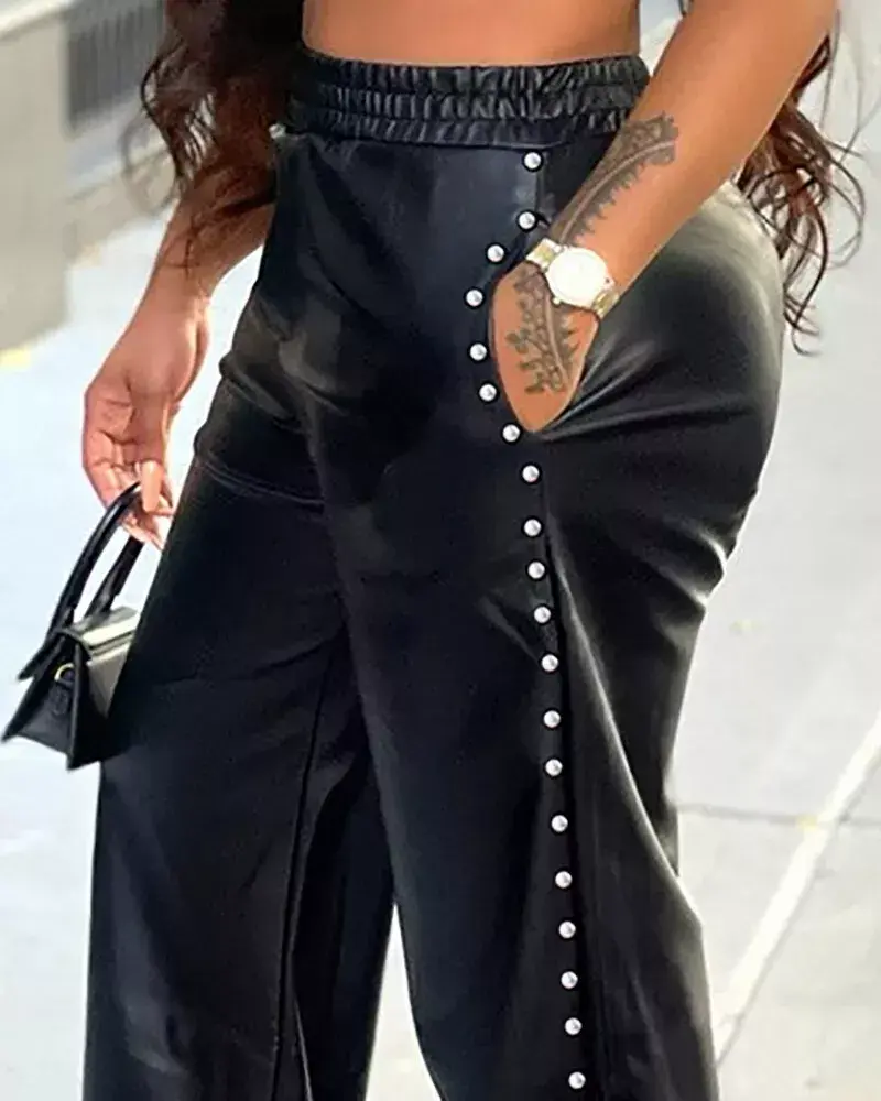Women's Leather Pants Wide Leg Studded Design High Waist Trousers