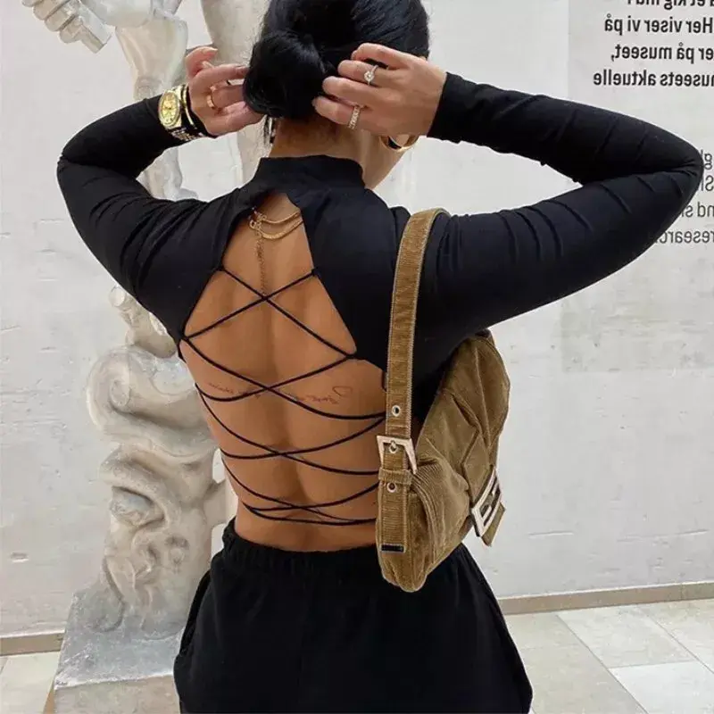 Women's Sexy T-shirt Harajuku Open Back Long Sleeves Crop Top