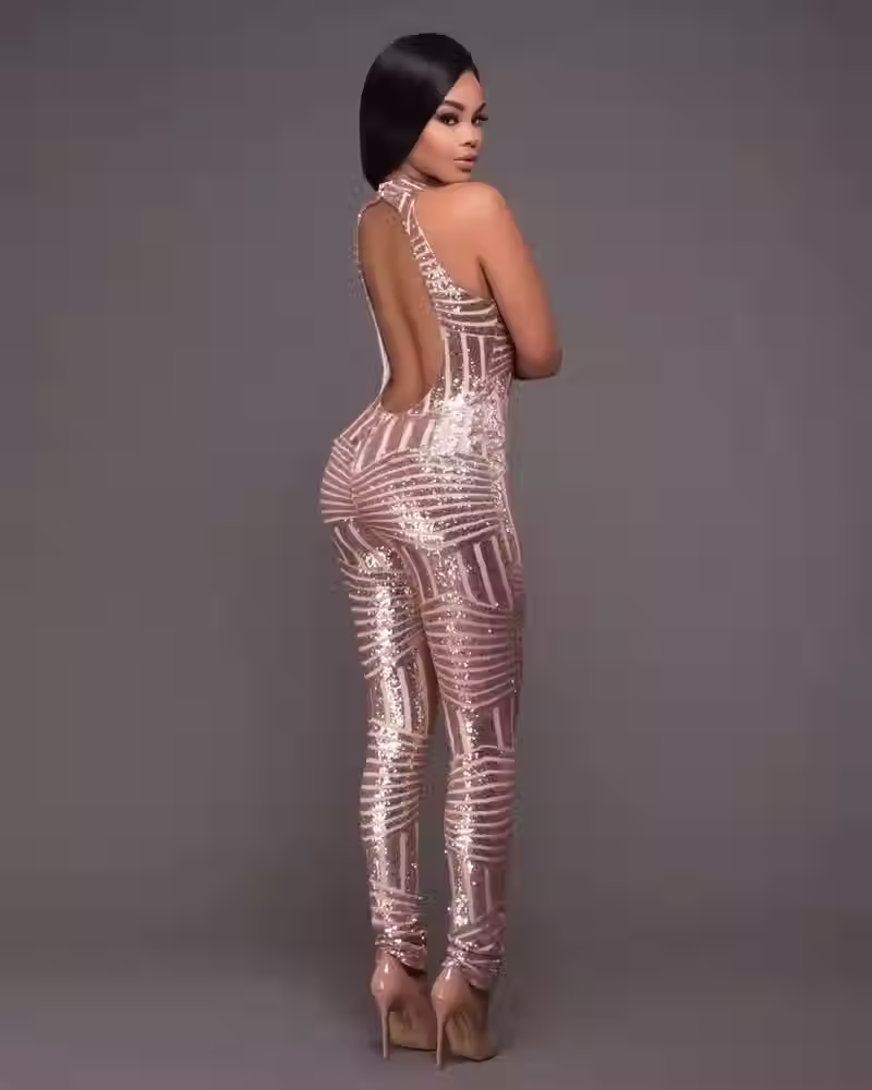 Sequin Jumpsuit Mesh Romper Women's Sleeveless Party Outfit