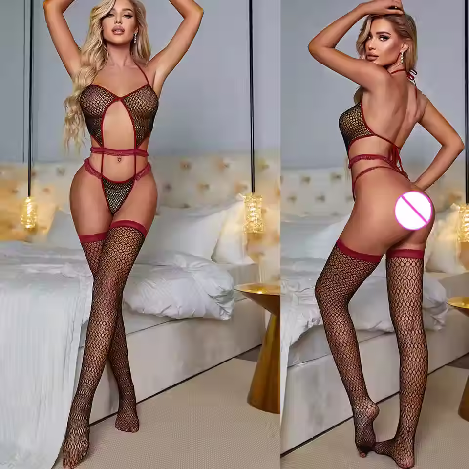 Women's Sexy Lingerie Set With Stockings Mesh Cut-out Babydoll