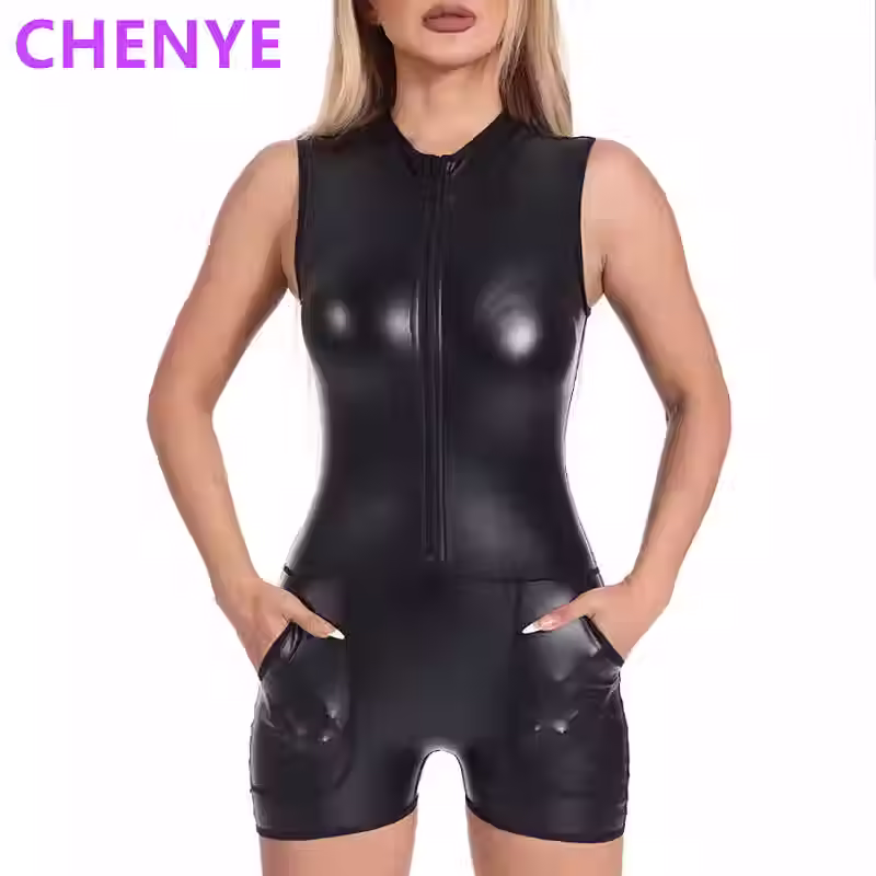 Women's Leather Romper Playsuit Front Zip Mock Neck Catsuit with Pockets