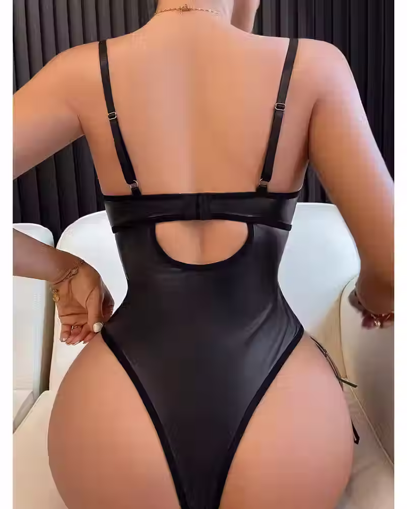 One-piece Bodysuit with Leg Straps Lace Up Hollow Out Lingerie for Women