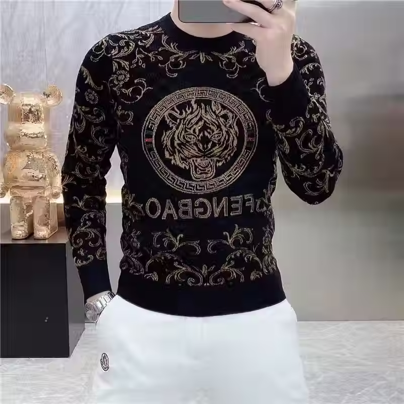 Men's Long Sleeve Sweater T-Shirt Fleece Tiger Head Print Sweatshirt