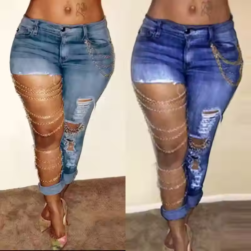 Women's Denim Pants Chain Strap Hollow Out Stretchy Jeans Trousers