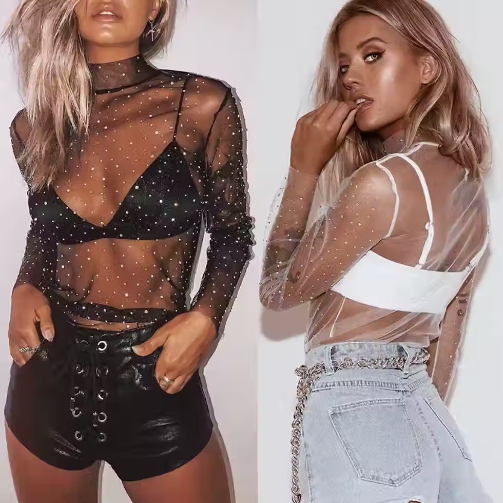 Women's Transparent Top Sequins Long Sleeve Sheer Mesh Summer T-Shirt