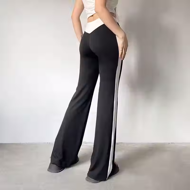 Women's Casual Pants Contrast Colour Elastic Waist Side Striped Flare Trousers