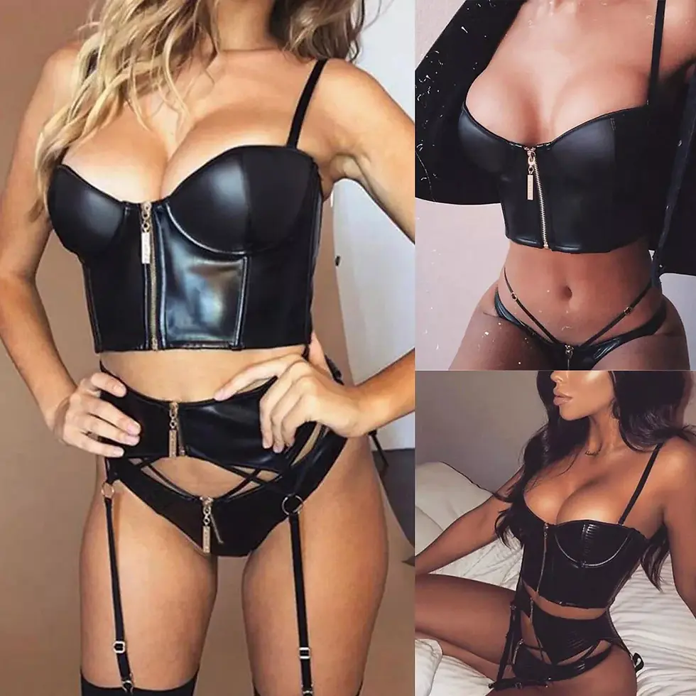 3 Pieces Set Sexy Leather Black Lingerie Women's Bra Panties & Garter Belt