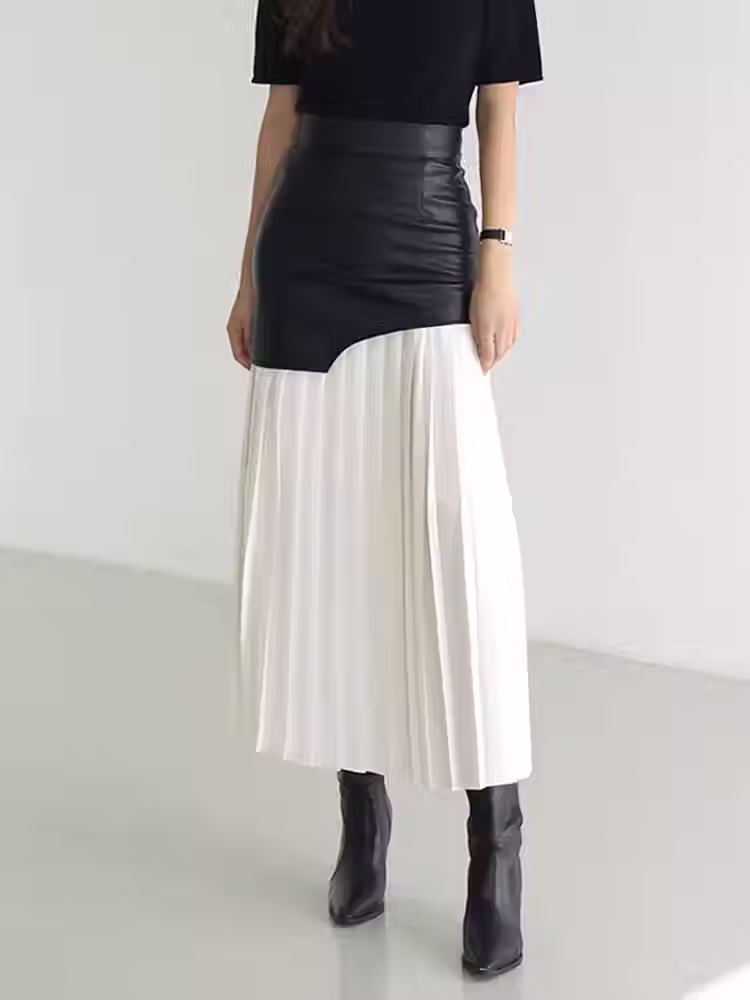 Patchwork Leather Skirt for Women High Waist Midi Pleated Long Skirt