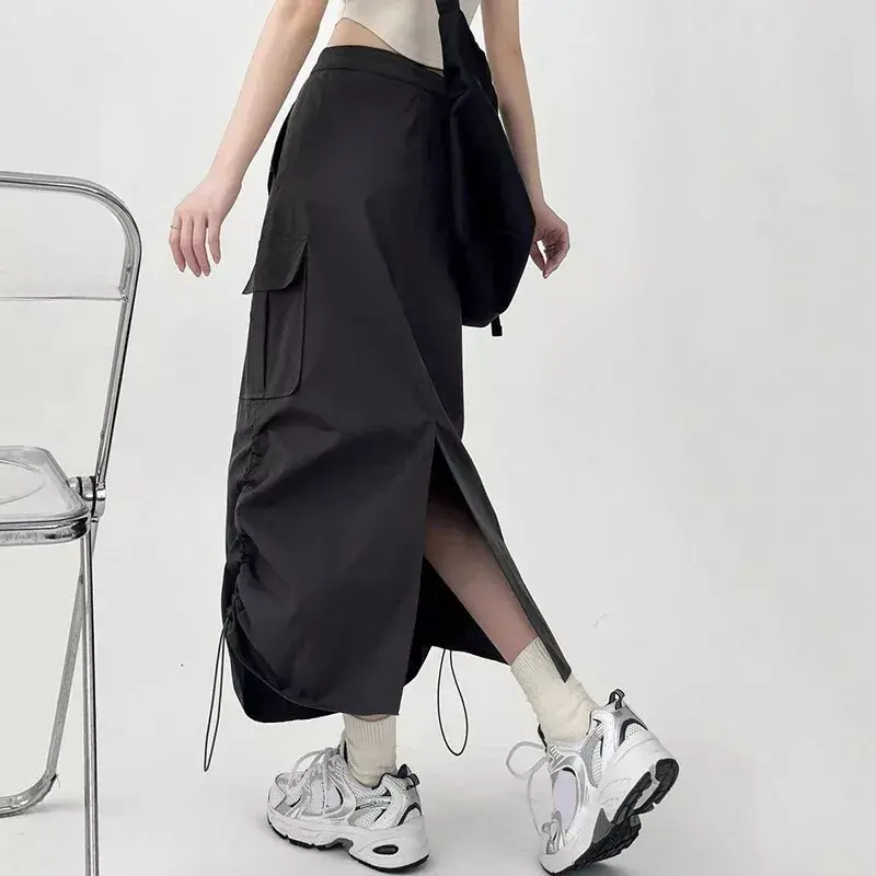 Women's Drawstring Cargo Skirt High Waist Streetwear Slit Long Skirt