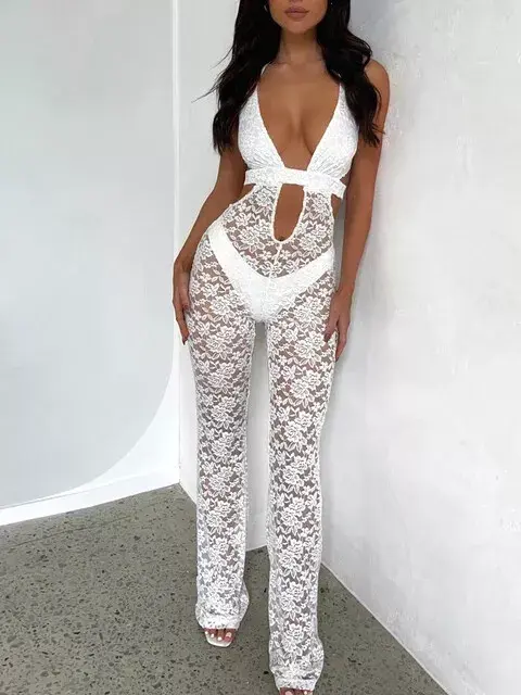 Halter Flare Jumpsuit for Women Casual See-Through Lace Summer Party Club Outfit