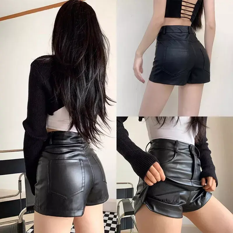Women's Leather Shorts Skirt with Pockets Slim Fit Mini Shorts