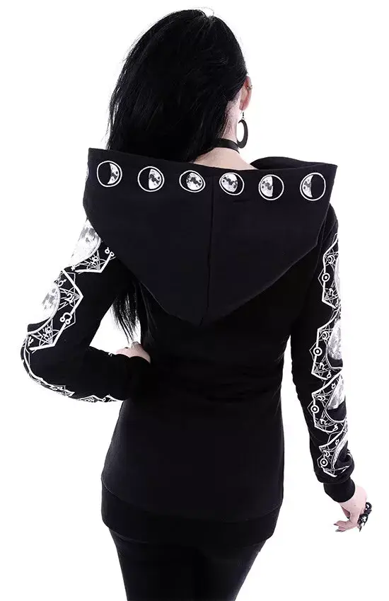 Women's Black Tracksuit Hoodie Moon Print Long Sleeves Jumper