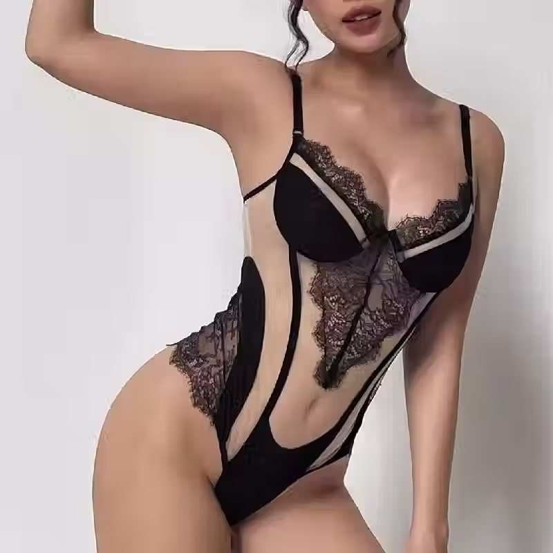 V-neck Romper Bodysuit with Skirt Lace Patchwork Sexy Lingerie Set for Women