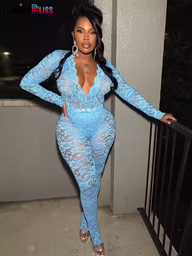 Deep V-neck Bodysuit & Leggings 2 Piece Set Sexy Mesh Jacquard Outfit for Women