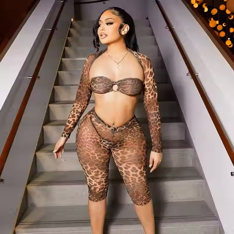 Leopard Print Crop Top See-Through Sexy Set with Shorts & Panties for Women