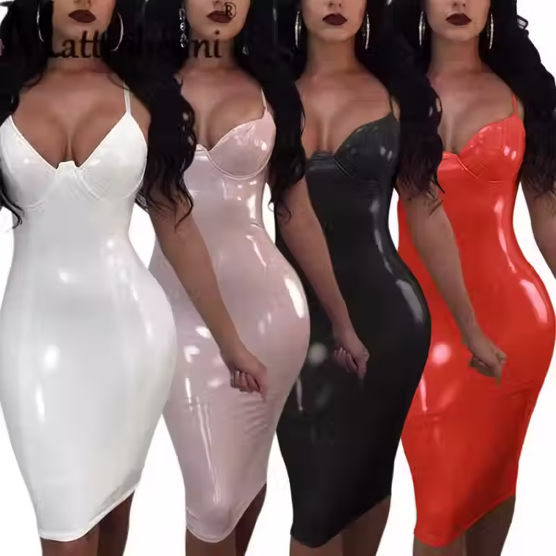 Women's Leather Dress Sexy Sleeveless Deep V-neck Slim Fit Party Dress