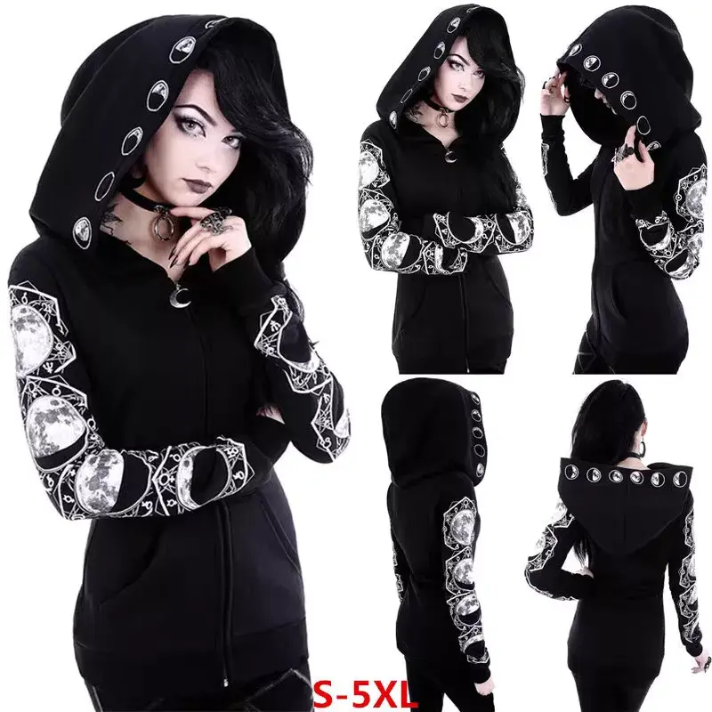 Women's Black Tracksuit Hoodie Moon Print Long Sleeves Jumper