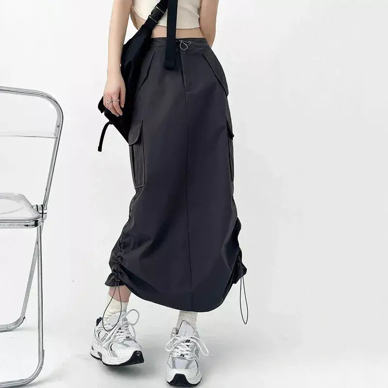Women's Drawstring Cargo Skirt High Waist Streetwear Slit Long Skirt