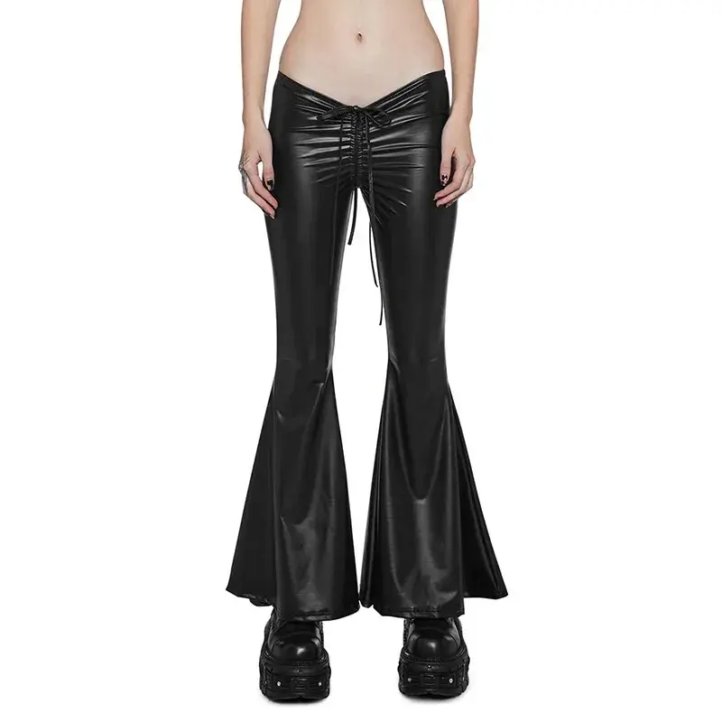 Women's Leather Flared Pants Black Low Waist Sexy Latex Trousers