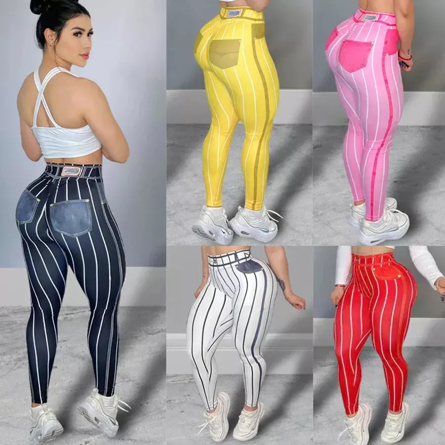 Women's High Waist Leggings Stripe Print Casual Sexy Sports Pants