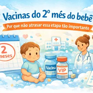Ilustração sobre as vacinas do 2º mês do bebê, mostrando bebê de dois meses, calendário marcado, profissionais de saúde e símbolos de cuidado, proteção e acompanhamento infantil.