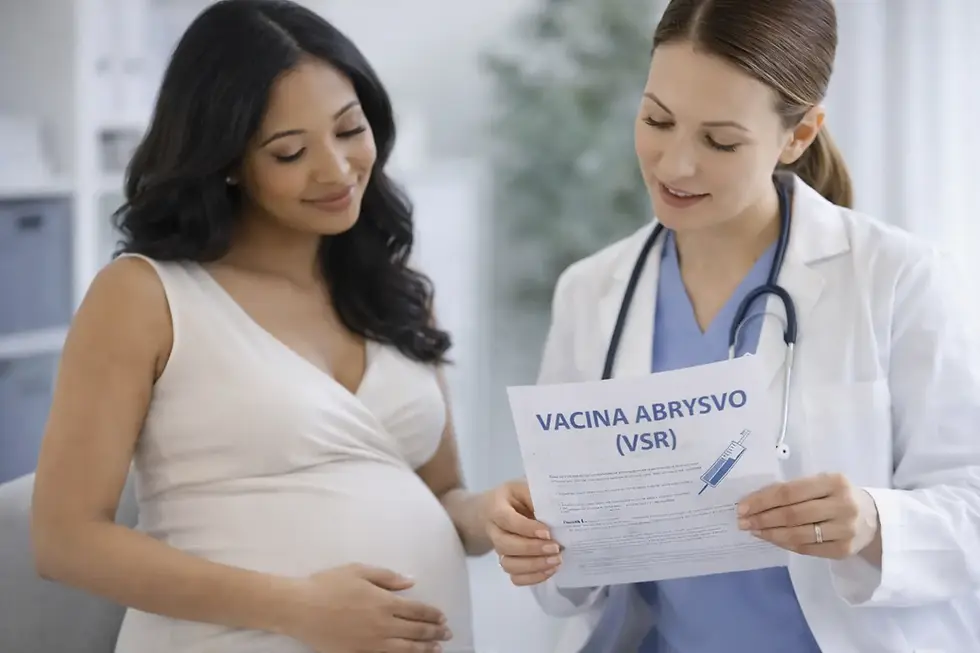 Gestante recebendo orientação médica sobre a vacina Abrysvo para prevenção da bronquiolite (VSR) durante a gravidez