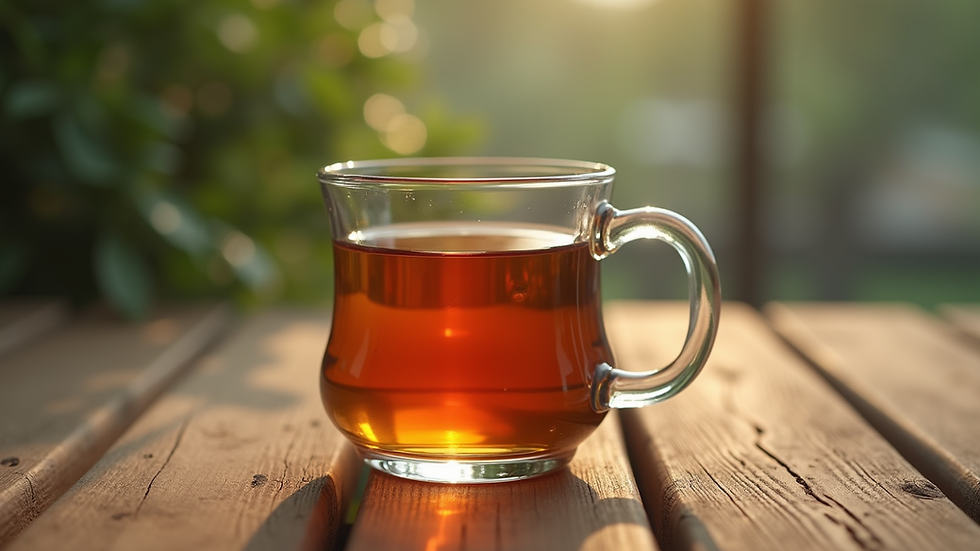Close-up view of a glass of herbal tea on a wooden table