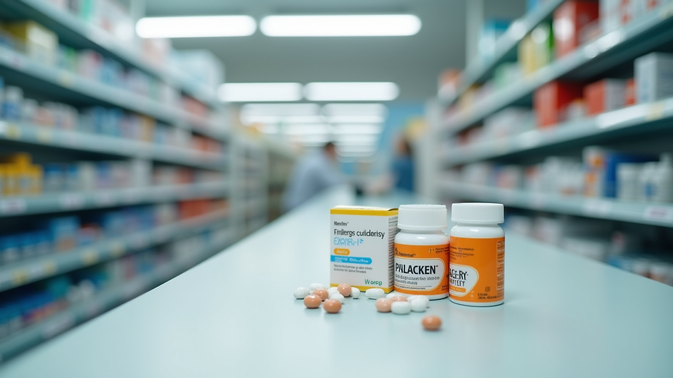 Eye-level view of a pharmacy counter with allergy medications