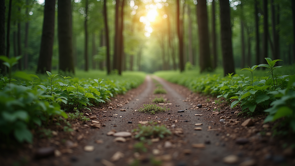 Eye-level view of a winding path through a serene forest