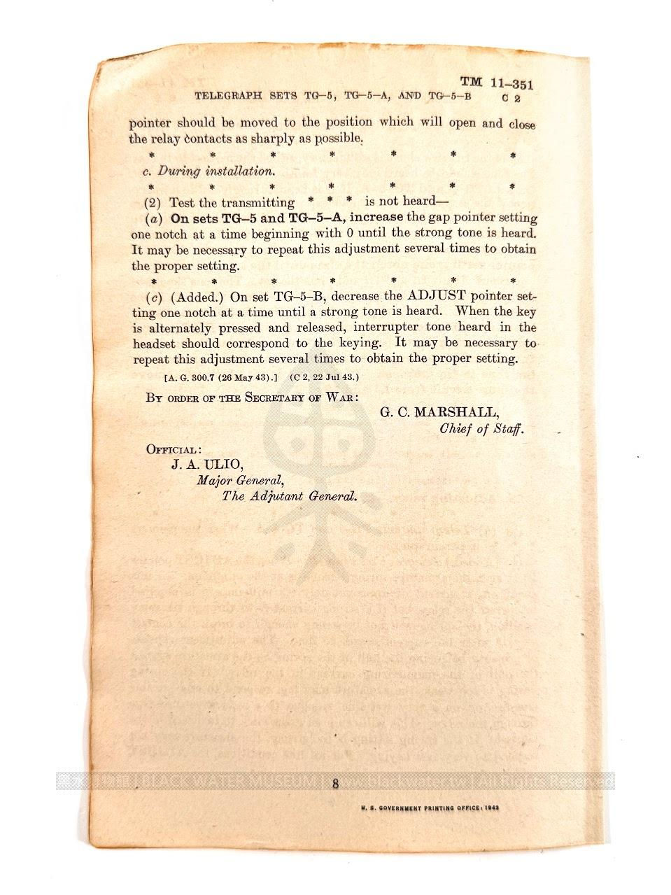 TM 11-351, Telegraph Sets TG-5 and TG-5-A
民國30年(1941)美國陸軍部TM 11-351《TG-5與TG-5-A電報機組》技術手冊《Black Water Museum Collections | 黑水博物館館藏》