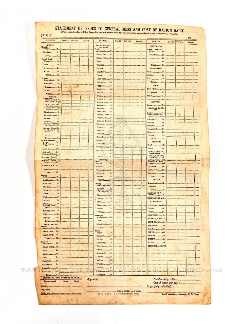 1945 U.S. Navy High-Speed Transport USS Tatum (APD-81) Bill of Fare for the General Mess
民國34年(1945)美國海軍泰特姆號高速運輸艦(USS Tatum, APD-81)一般兵員伙食一週菜單表《Black Water Museum Collections | 黑水博物館館藏》