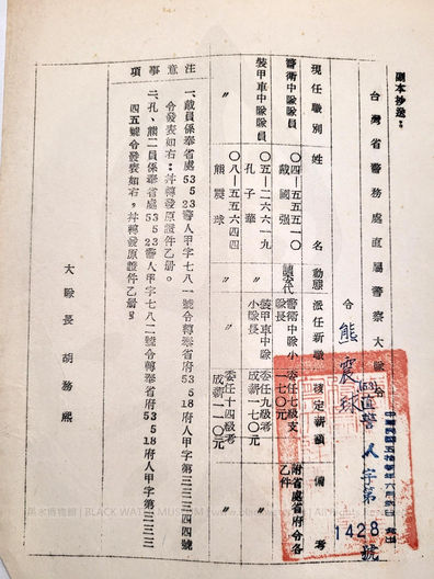 金門戰役英雄 熊震球 調委代裝甲車中隊小隊長,台灣省警務處直屬警察大隊令(53)直警人字第1428號,中華民國53年(1964)6月2日發出,熊淳淳女士捐贈