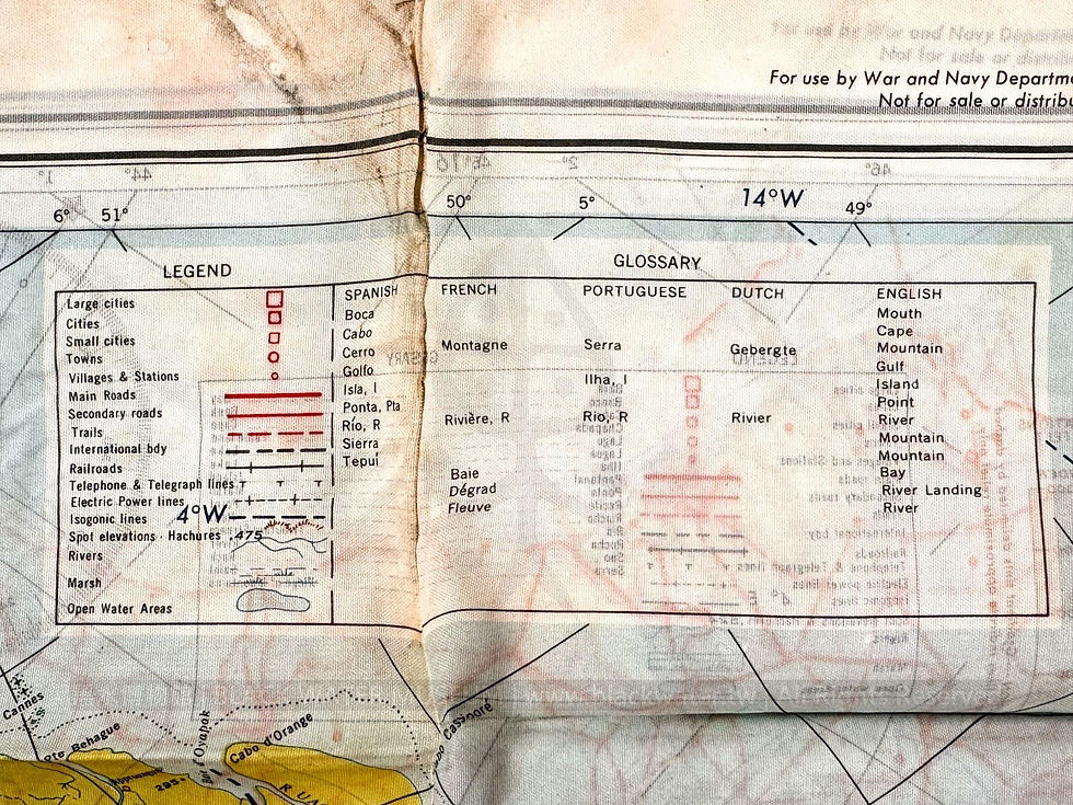 1944 USAAF Double-Sided Silk Aeronautical Chart - No. C-50 British and French Guiana & No. C-51 Northeastern Brazil (Relic of 1st Lt. Douglas M. Forbes)
民國33年 (1944)美國陸軍航空隊 C-50英屬與法屬圭亞那與C-51巴西東北部雙面絲質航圖(道格拉斯·M·富比世中尉遺物)《Black Water Museum Collections | 黑水博物館館藏》