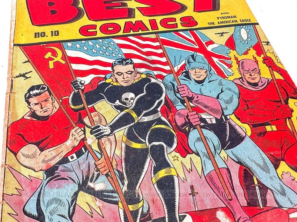 America's Best Comics, no.10 (II), Doc Strange; Black Terror; American Eagle; Pyroman(Flag of the Republic of China), July 1944, Nedor Publications 美國最佳漫畫, 第 10 期(貳),奇異博士(蘇聯國旗);黑色恐怖(美國國旗);美國之鷹(英國國旗); 閃電俠(中華民國國旗),民國33年7月,內多爾漫畫出版《Black Water Museum Collections | 黑水博物館館藏》