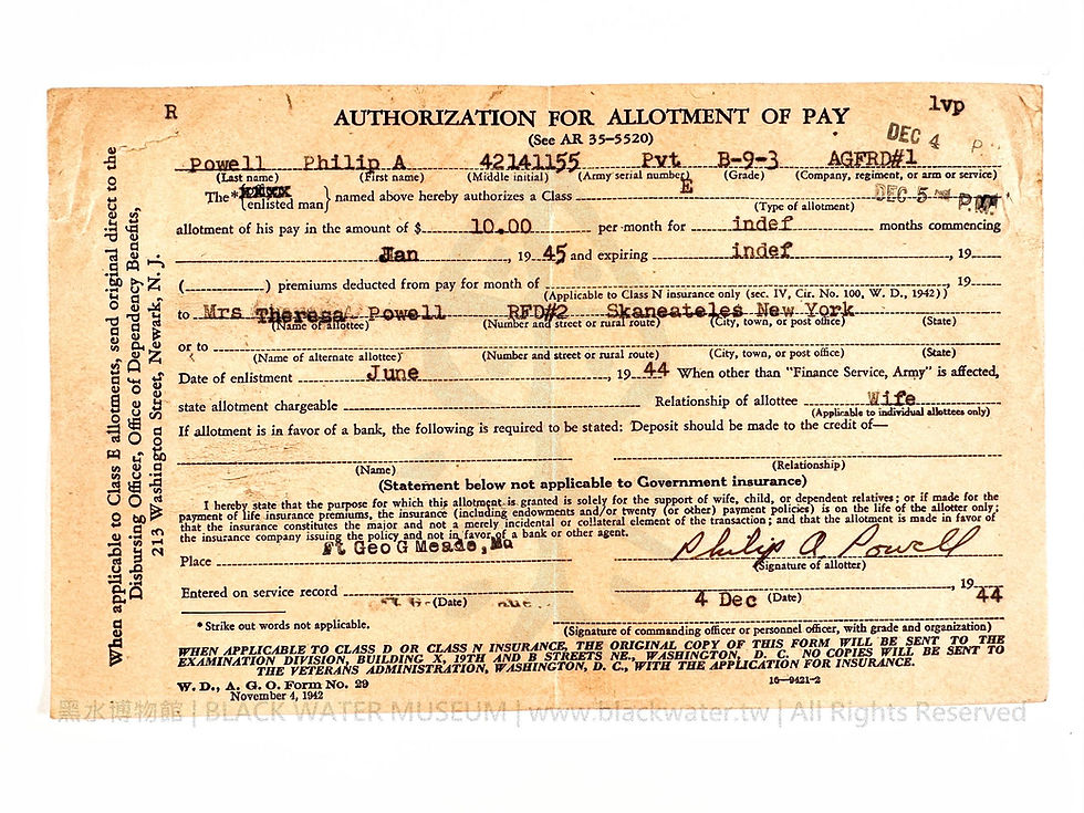 民國33年(1944) 美國陸軍菲利普·A·鮑威爾 (Philip A. Powell)薪餉分配授權書(W.D., A.G.O. 表單第29號)