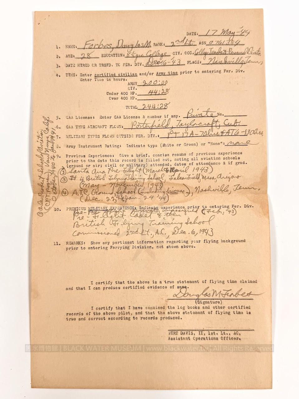 WWII USAAF Pilot's Training Record - Douglas Marion Forbes, Air Transport Command (ATC), Ferrying Division
二戰美國陸軍航空隊空運司令部 道格拉斯·馬里昂·富比世(Douglas Marion Forbes)飛行員訓練與服役紀錄檔案夾《Black Water Museum Collections | 黑水博物館館藏》
