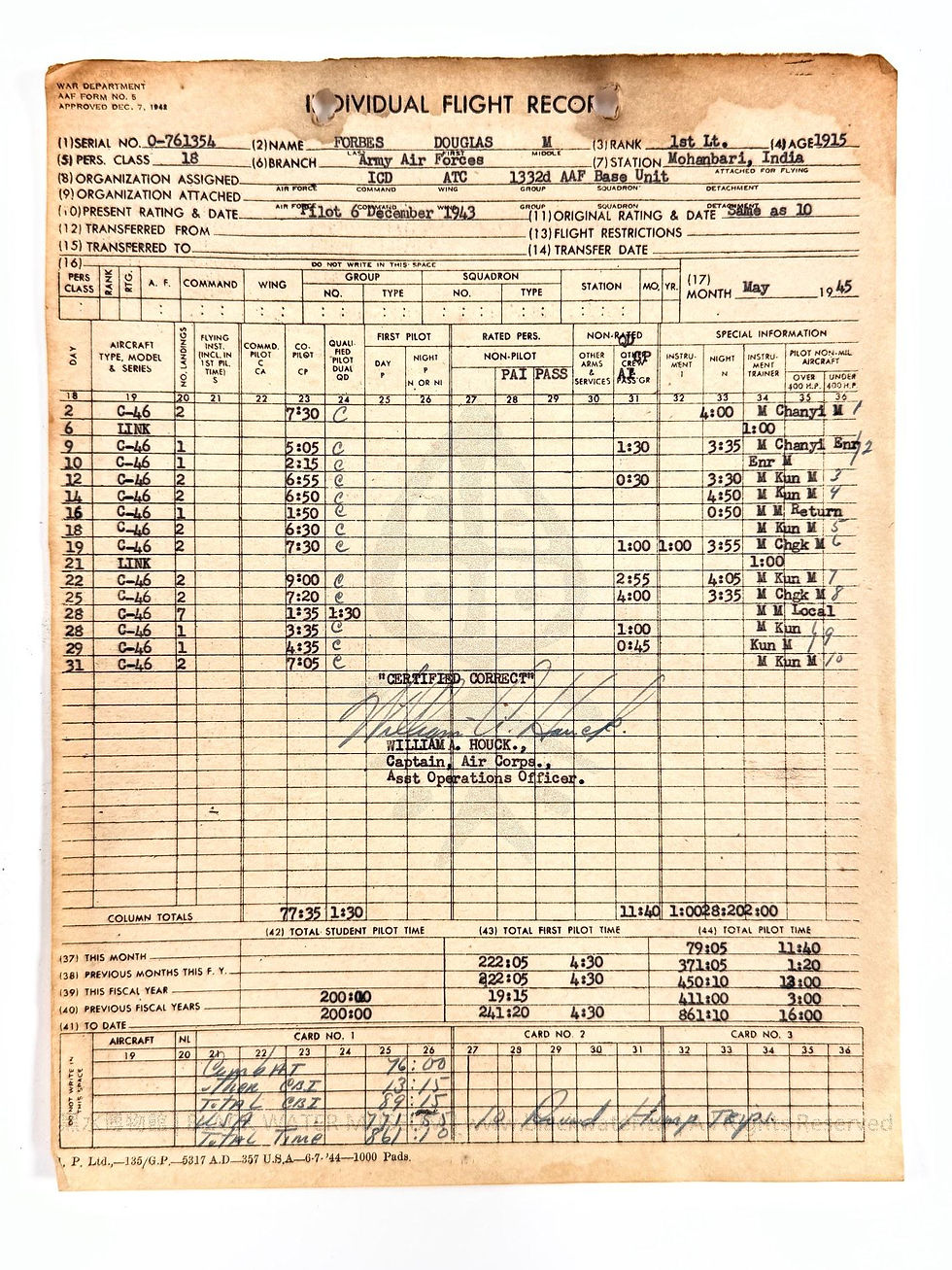 WWII USAAF Individual Flight Record (Form 5 File) of 1st Lt. Douglas M. Forbes (Part 2: June 1943 to December 1945, 31 AAF Form No. 5 Individual Flight Records)

二戰美國陸軍航空隊 道格拉斯·M·富比世中尉「個人飛行紀錄卷宗（第5號表單檔案 / Form 5 File）」(下)：1943年6月至1945年12月 31張個人飛行紀錄表《Black Water Museum Collections | 黑水博物館館藏》