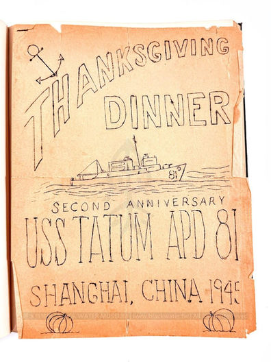 民國34年(1945)美國海軍泰特姆號高速運輸艦(USS Tatum, APD-81)上海感恩節暨第二週年紀念文件