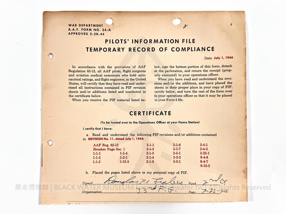 左側文件十二：飛行員資訊檔案臨時合規紀錄正面（PILOTS' INFORMATION FILE TEMPORARY RECORD OF COMPLIANCE，第11次修訂）：與前一份文件「完全同一天（1944年7月22日）」簽署。